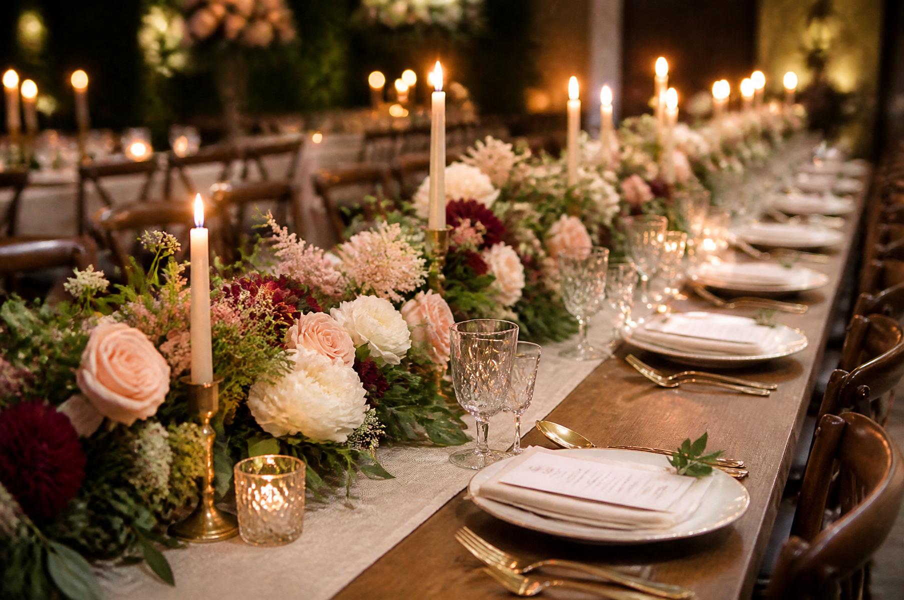 Reception table with blush and burgundy garland, taper candles and gold flatware